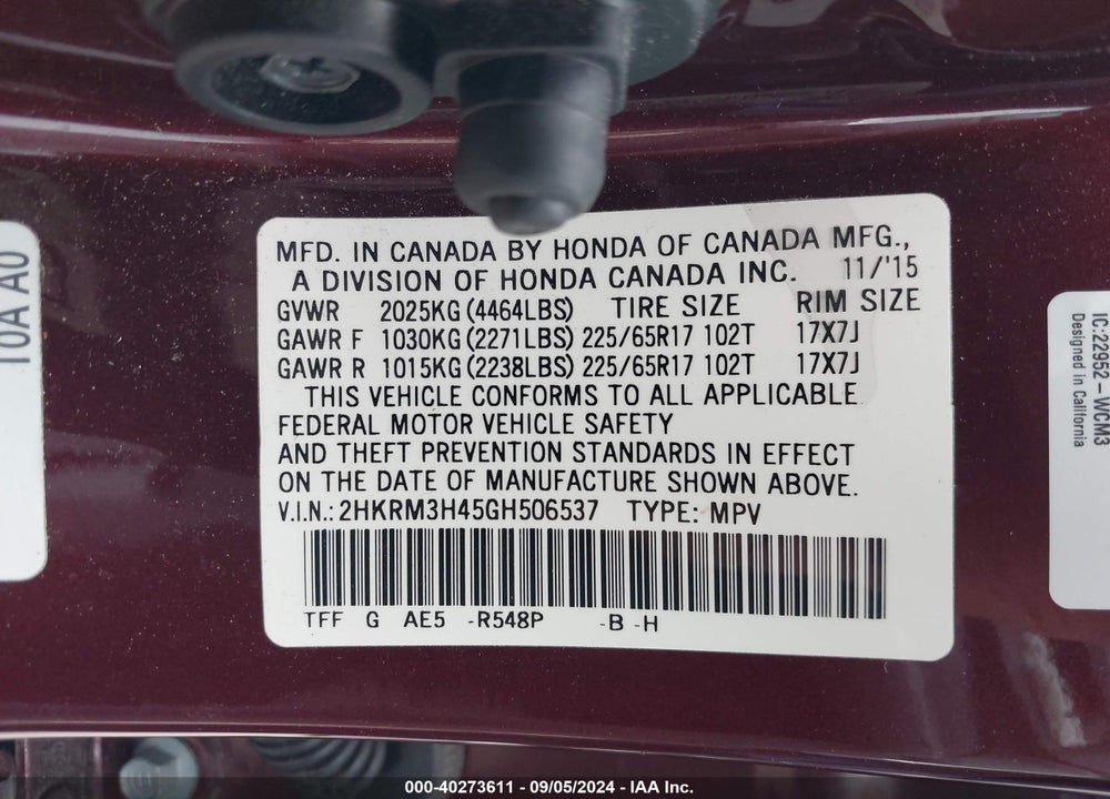 2016 HONDA CR-V SE VIN: 2HKRM3H45GH506537