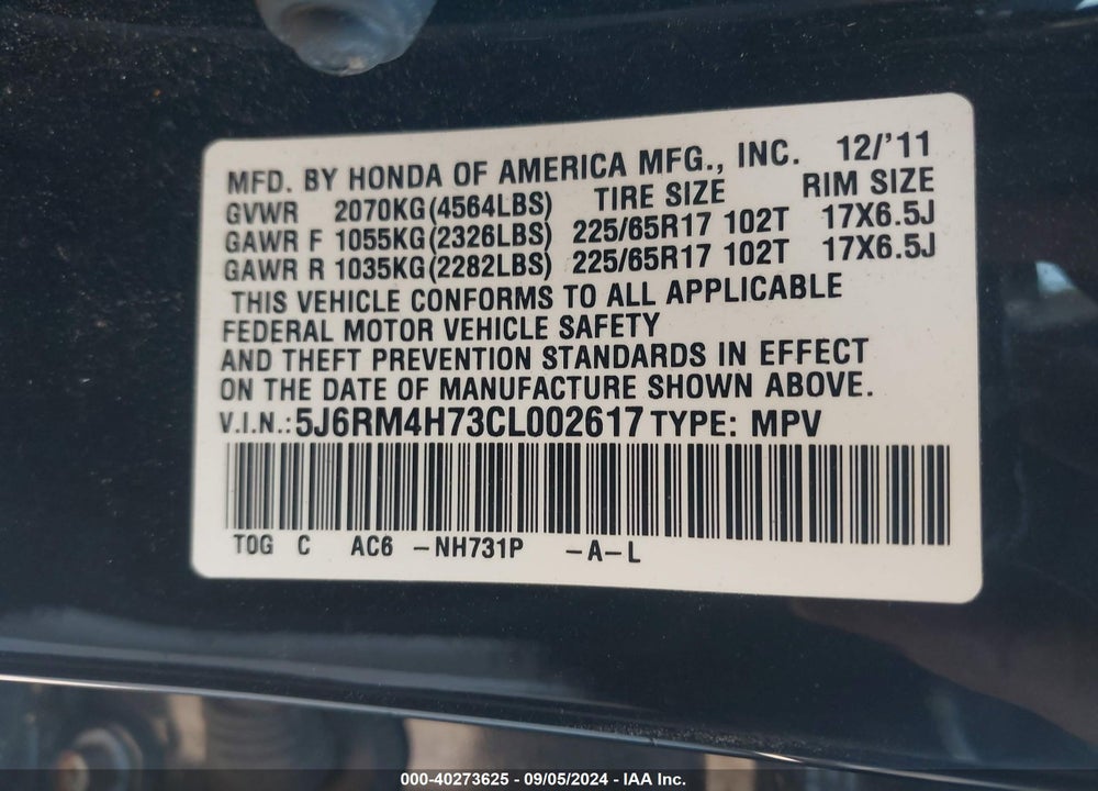 2012 HONDA CR-V VIN: 5J6RM4H73CL002617