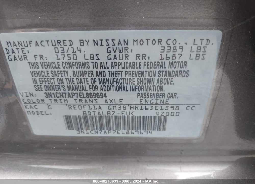 2014 NISSAN VERSA 1.6 SV VIN: 3N1CN7AP7EL869694