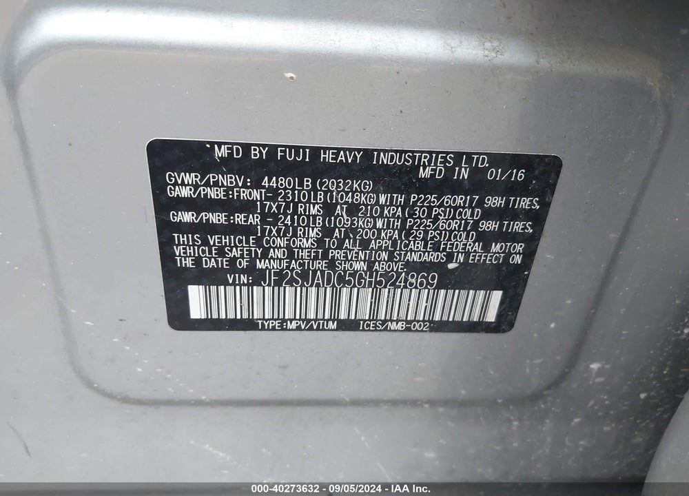 2016 SUBARU FORESTER 2.5I PREMIUM VIN: JF2SJADC5GH524869