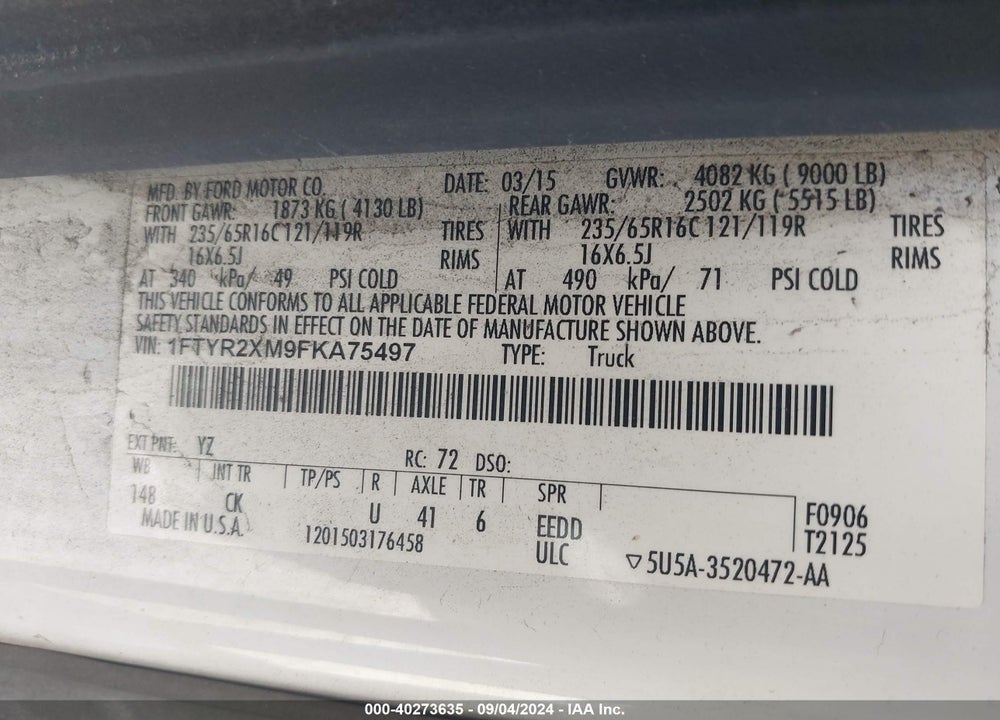 2015 FORD TRANSIT-250 VIN: 1FTYR2XM9FKA75497