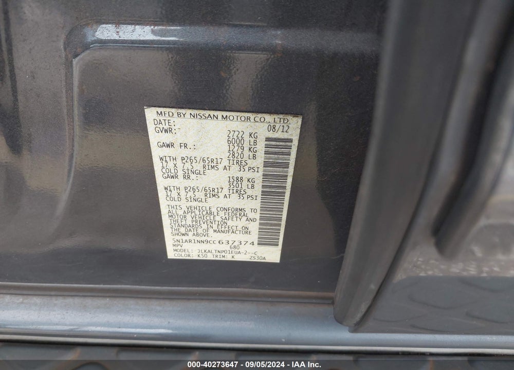 2012 NISSAN PATHFINDER VIN: 5N1AR1NN9CC637374
