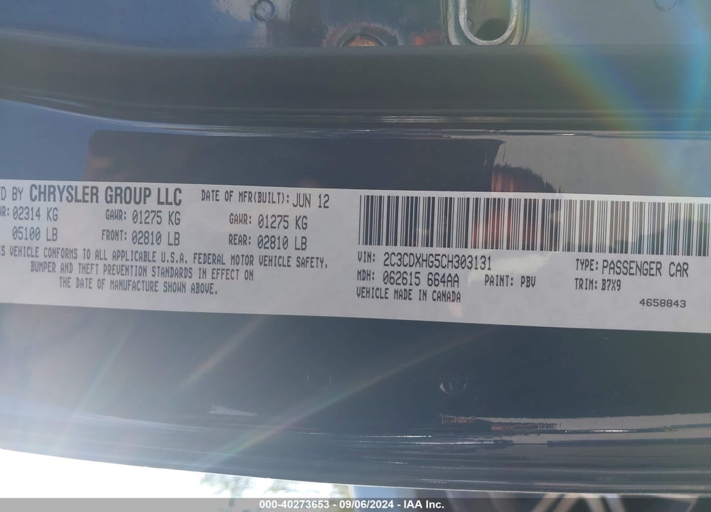 2012 DODGE CHARGER SXT VIN: 2C3CDXHG5CH303131
