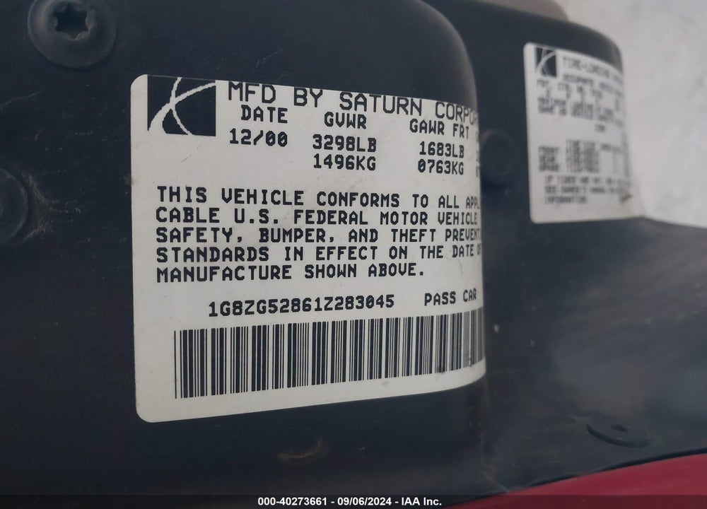 2001 SATURN SL1 VIN: 1G8ZG52861Z283045
