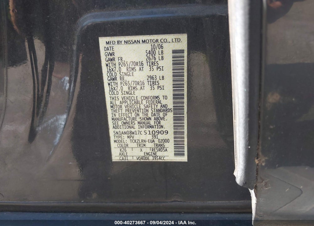 2007 NISSAN XTERRA S VIN: 5N1AN08W17C510909