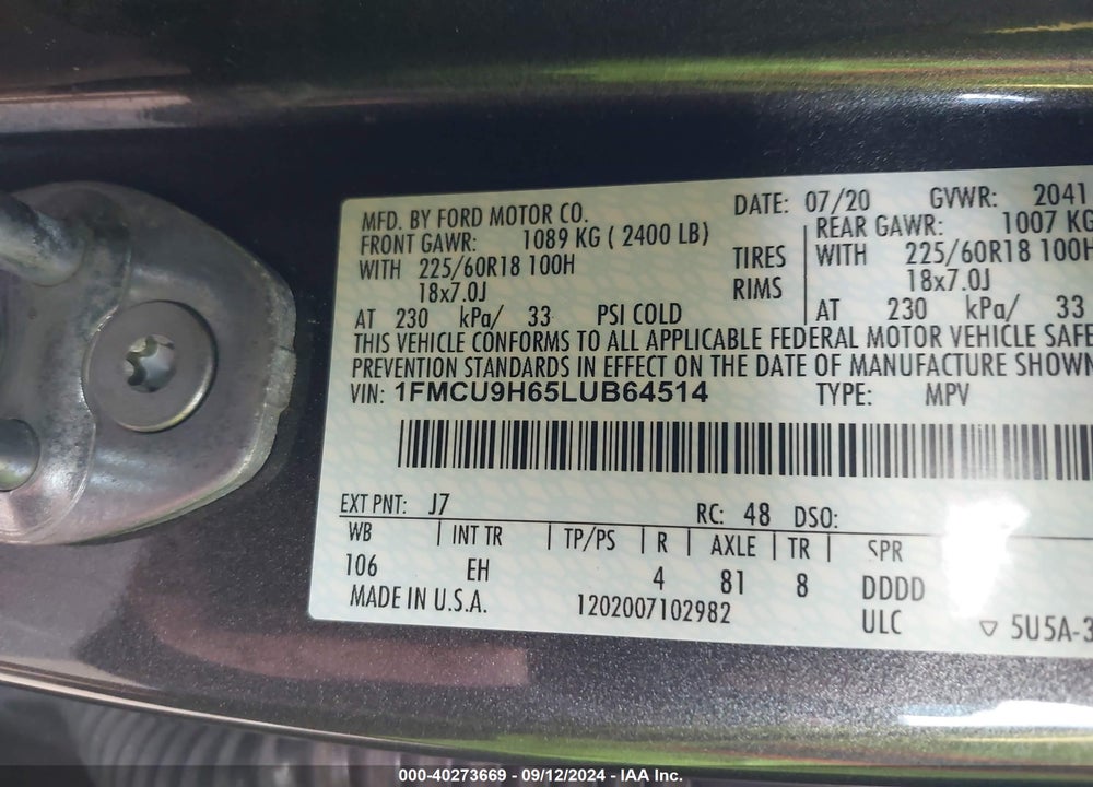 2020 FORD ESCAPE SEL VIN: 1FMCU9H65LUB64514