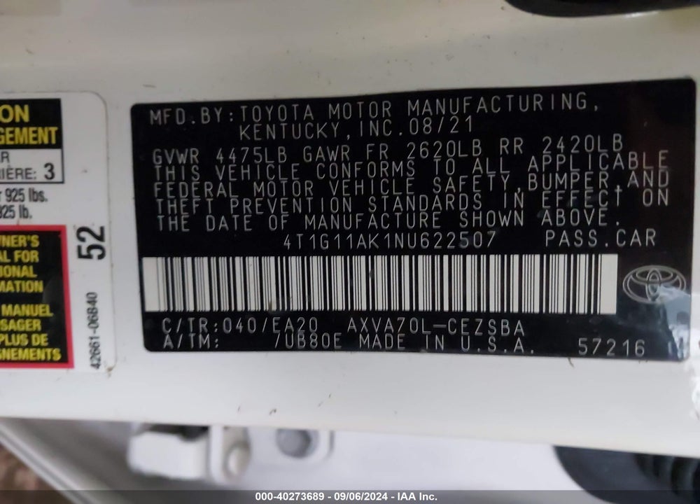 2022 TOYOTA CAMRY SE VIN: 4T1G11AK1NU622507