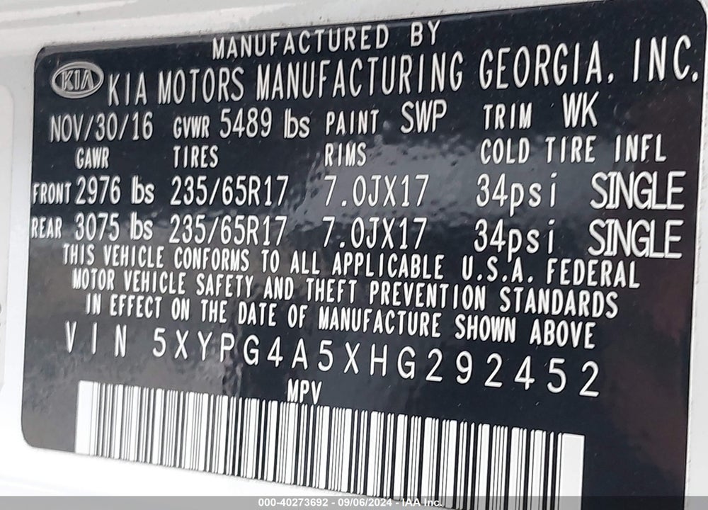 2017 KIA SORENTO 3.3L LX VIN: 5XYPG4A5XHG292452