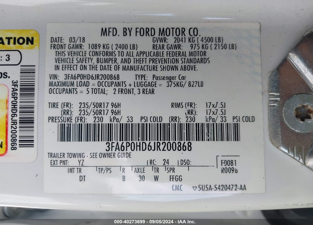 2018 FORD FUSION SE VIN: 3FA6P0HD6JR200868