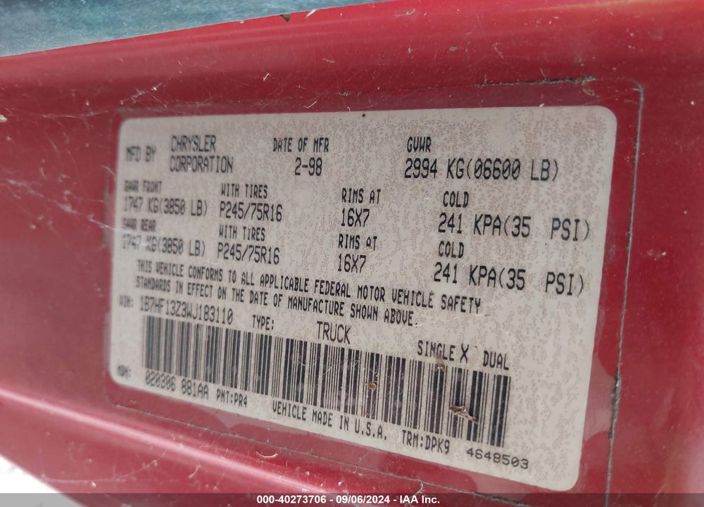 1998 DODGE RAM 1500 ST VIN: 1B7HF13Z3WJ183110