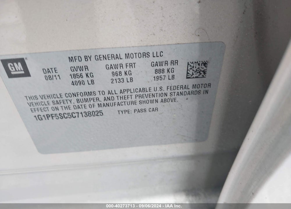 2012 CHEVROLET CRUZE 1LT VIN: 1G1PF5SC5C7138025