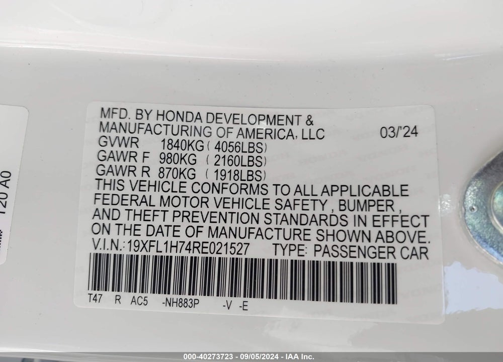 2024 HONDA CIVIC EX-L VIN: 19XFL1H74RE021527