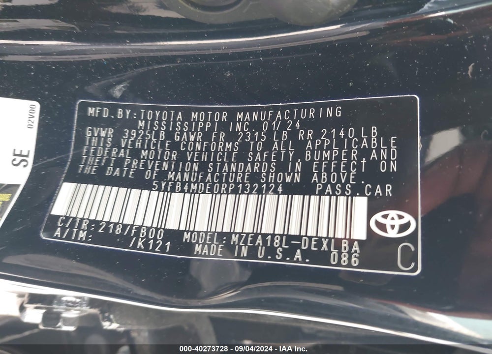 2024 TOYOTA COROLLA LE VIN: 5YFB4MDE0RP132124