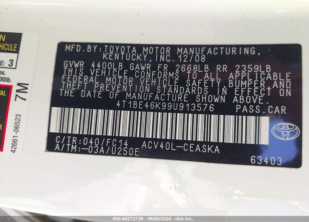 2009 TOYOTA CAMRY SE VIN: 4T1BE46K99U913576