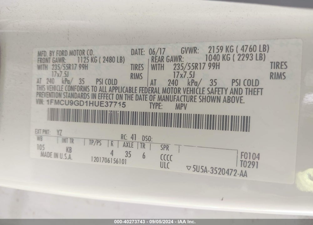 2017 FORD ESCAPE SE VIN: 1FMCU9GD1HUE37715