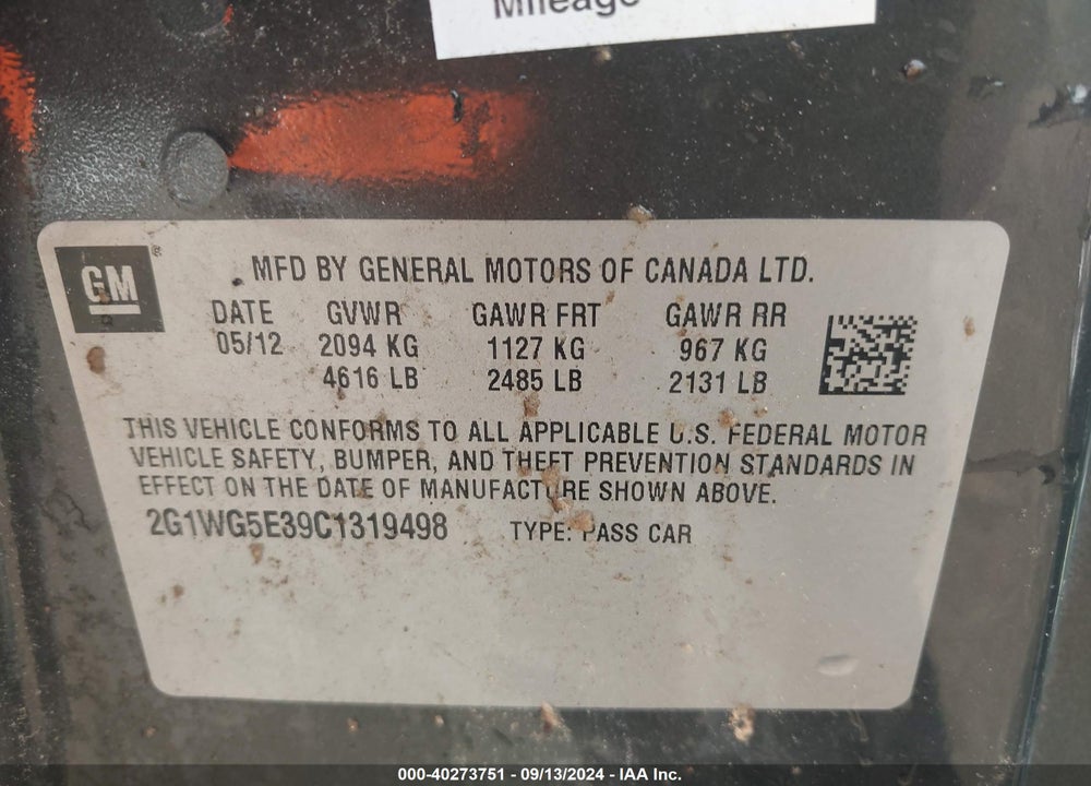 2012 CHEVROLET IMPALA LT VIN: 2G1WG5E39C1319498