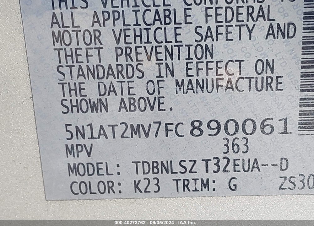 2015 NISSAN ROGUE SL VIN: 5N1AT2MV7FC890061