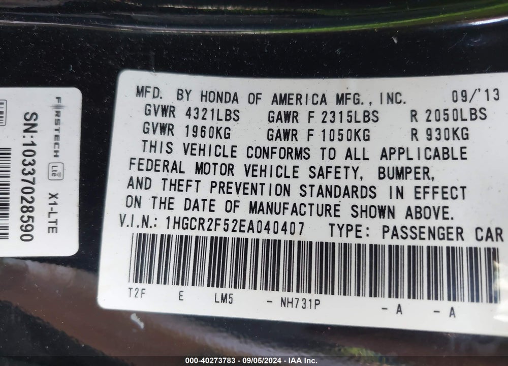 2014 HONDA ACCORD SPORT VIN: 1HGCR2F52EA040407