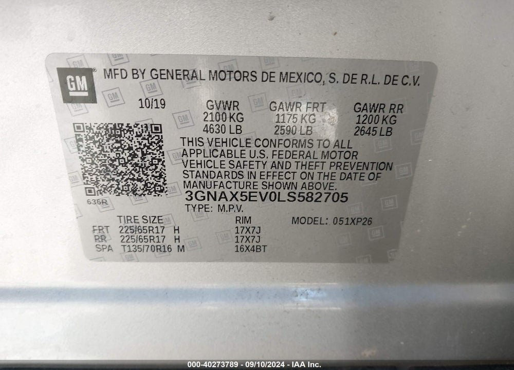 2020 CHEVROLET EQUINOX AWD 1FL VIN: 3GNAX5EV0LS582705