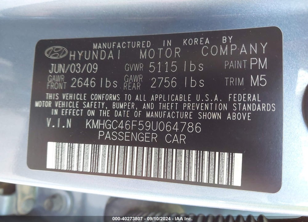 2009 HYUNDAI GENESIS 4.6 VIN: KMHGC46F59U064786