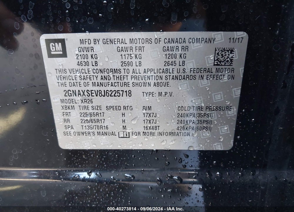 2018 CHEVROLET EQUINOX LT VIN: 2GNAXSEV8J6225718