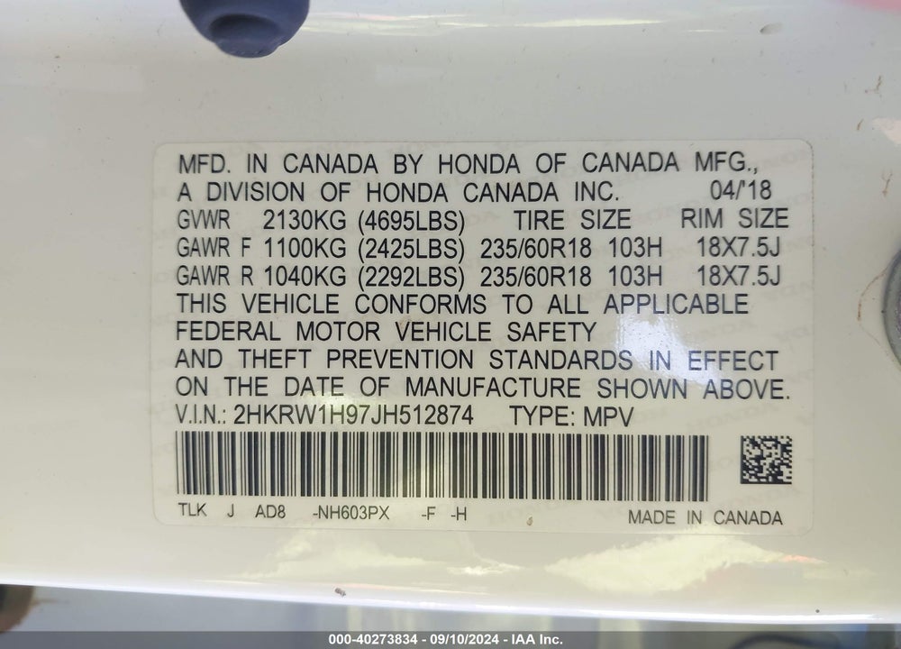 2018 HONDA CR-V TOURING VIN: 2HKRW1H97JH512874
