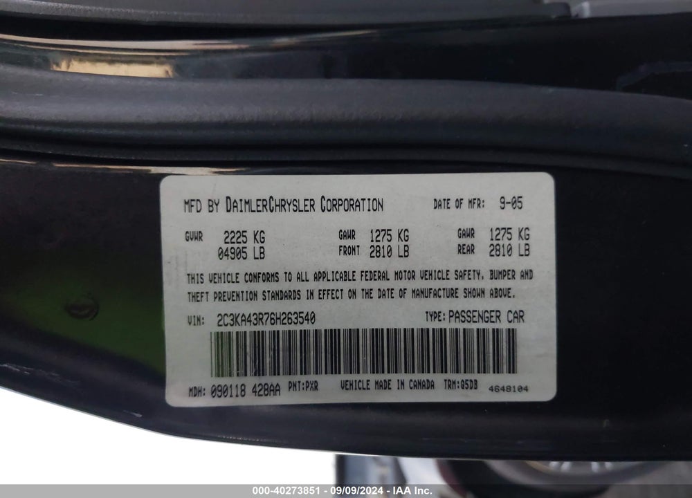 2006 CHRYSLER 300 VIN: 2C3KA43R76H263540