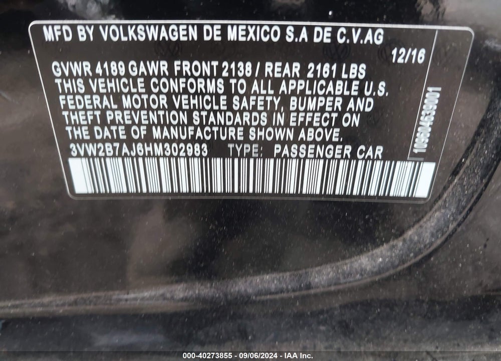 2017 VOLKSWAGEN JETTA VIN: 3VW2B7AJ6HM302983