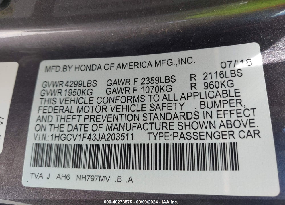 2018 HONDA ACCORD EX VIN: 1HGCV1F43JA203511