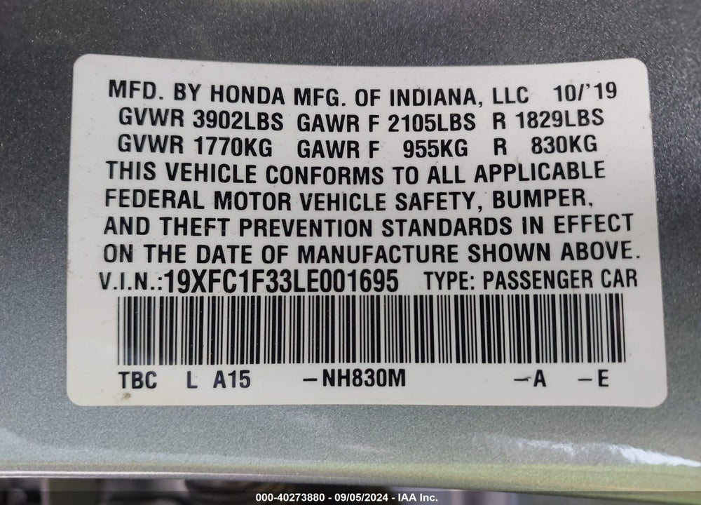 2020 HONDA CIVIC EX VIN: 19XFC1F33LE001695