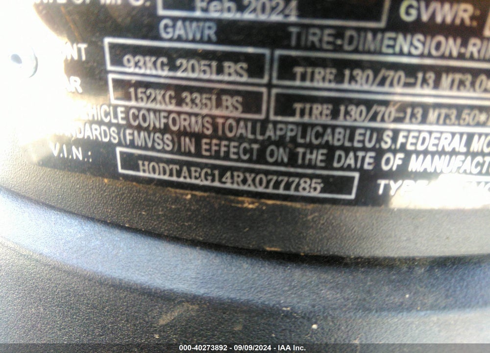 2024 QIANXIN SCOOTER VIN: H0DTAEG14RX077785
