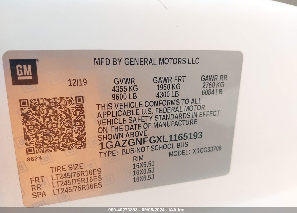 2020 CHEVROLET EXPRESS PASSENGER LS VIN: 1GAZGNFGXL1165193