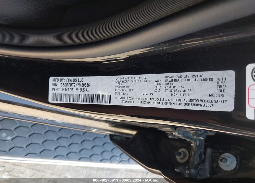 2022 RAM 1500 BIG HORN QUAD CAB 4X4 6'4 BOX VIN: 1C6SRFBT2NN480536