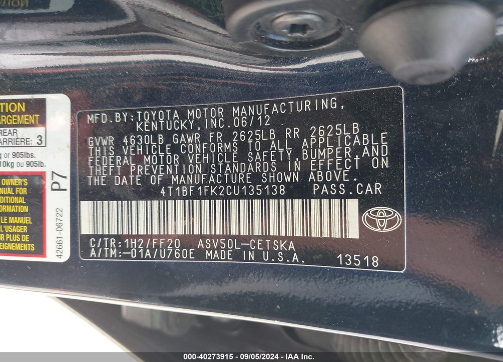 2012 TOYOTA CAMRY SE VIN: 4T1BF1FK2CU135138