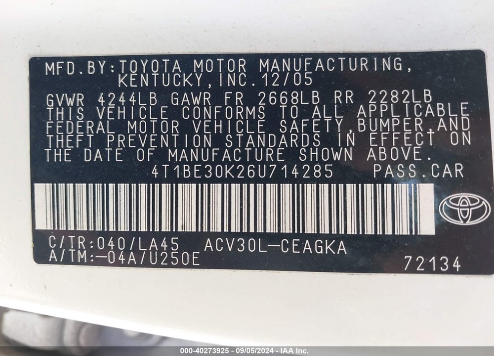 2006 TOYOTA CAMRY VIN: 4T1BE30K26U714285