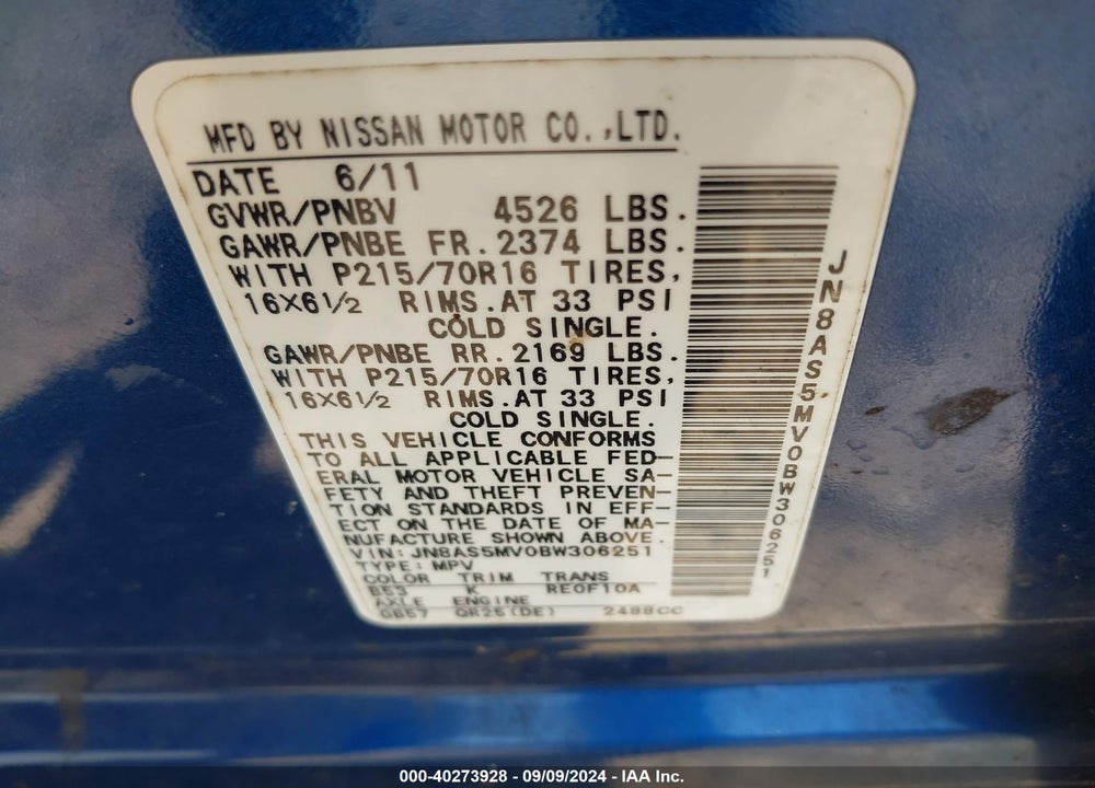 2011 NISSAN ROGUE S VIN: JN8AS5MV0BW306251