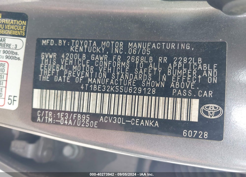 2005 TOYOTA CAMRY LE VIN: 4T1BE32K55U629128