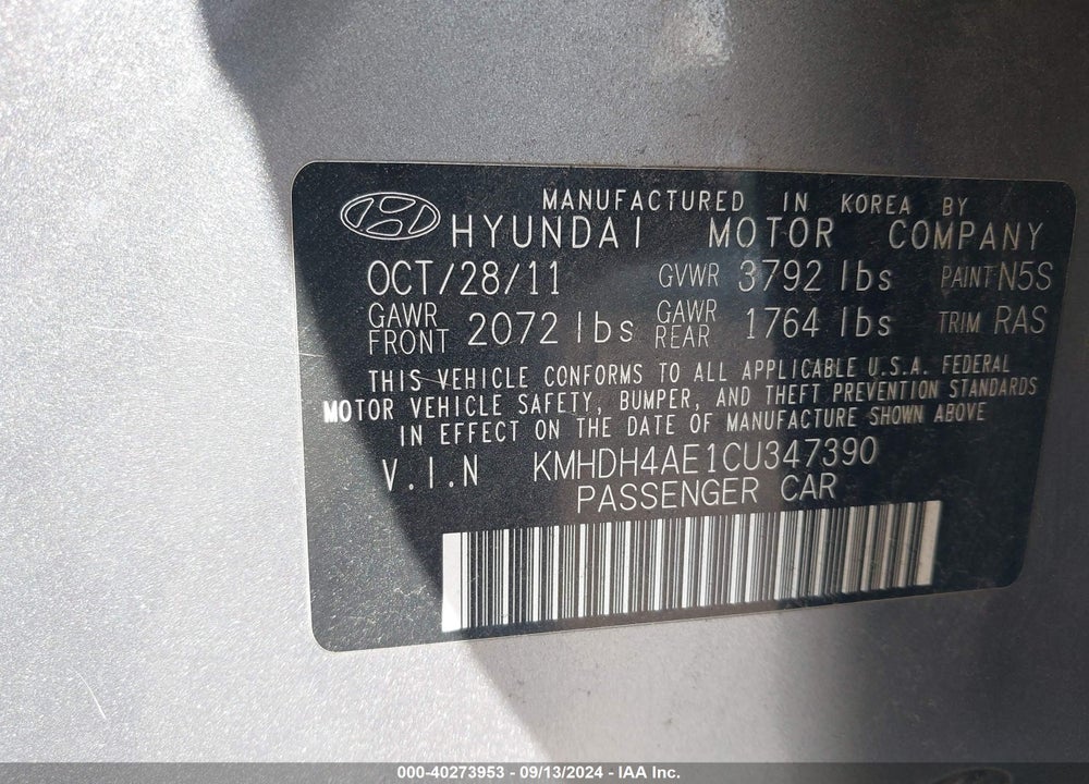 2012 HYUNDAI ELANTRA GLS (ULSAN PLANT) VIN: KMHDH4AE1CU347390