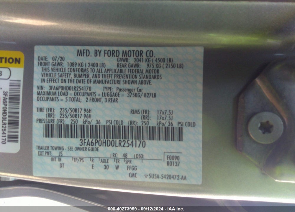 2020 FORD FUSION SE VIN: 3FA6P0HD0LR254170