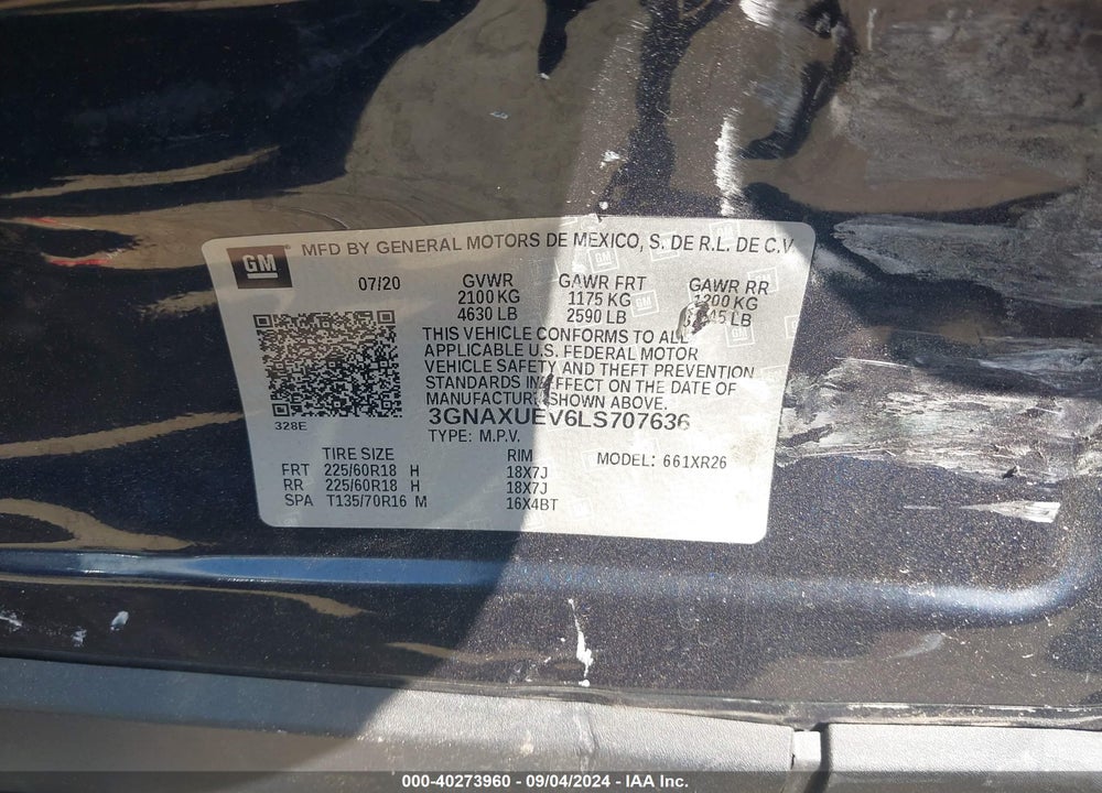 2020 CHEVROLET EQUINOX AWD LT 1.5L TURBO VIN: 3GNAXUEV6LS707636