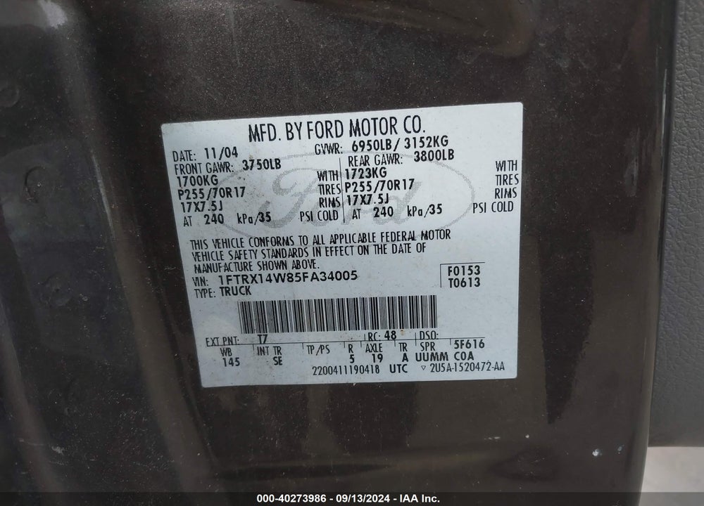 2005 FORD F-150 STX/XL/XLT VIN: 1FTRX14W85FA34005