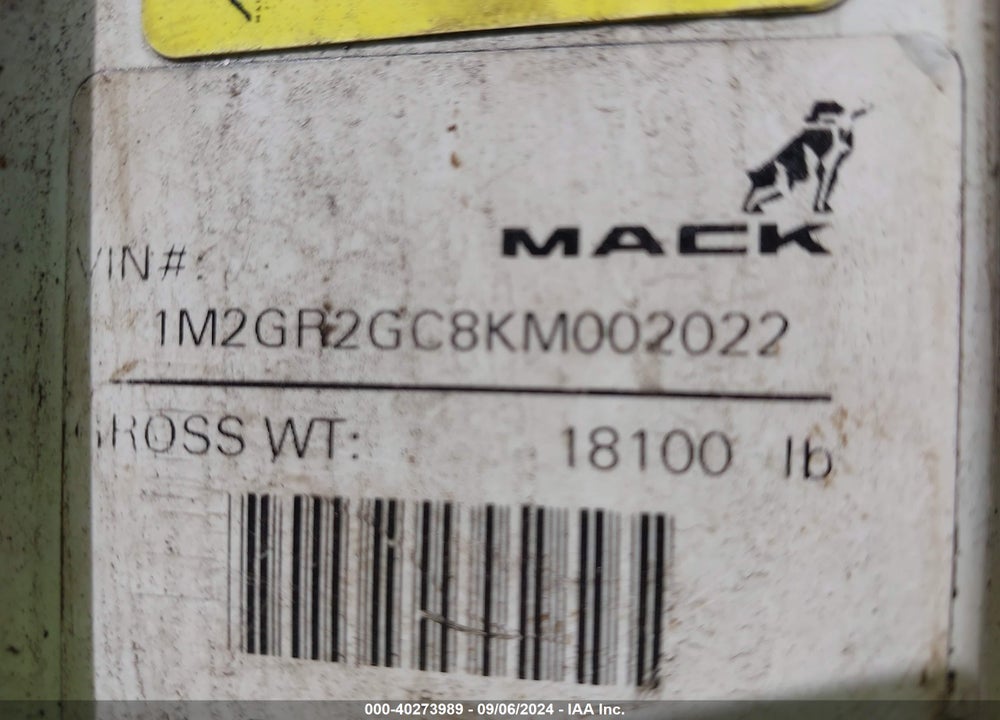 2019 MACK GRANITE VIN: 1M2GR2GC8KM002022