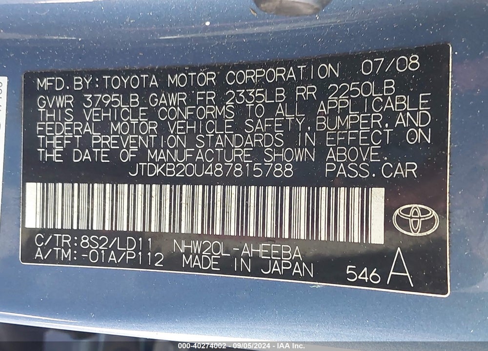 2008 TOYOTA PRIUS VIN: JTDKB20U487815788
