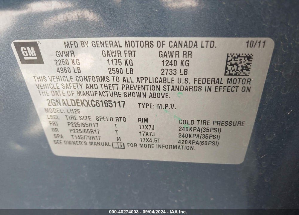 2012 CHEVROLET EQUINOX 1LT VIN: 2GNALDEKXC6165117
