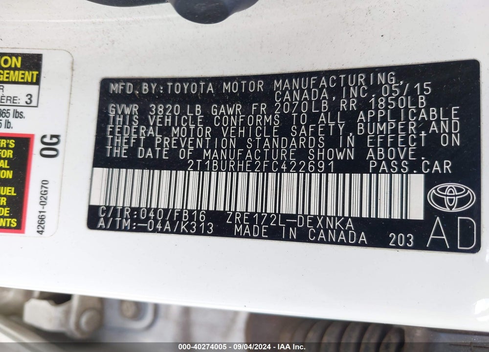 2015 TOYOTA COROLLA LE VIN: 2T1BURHE2FC422691