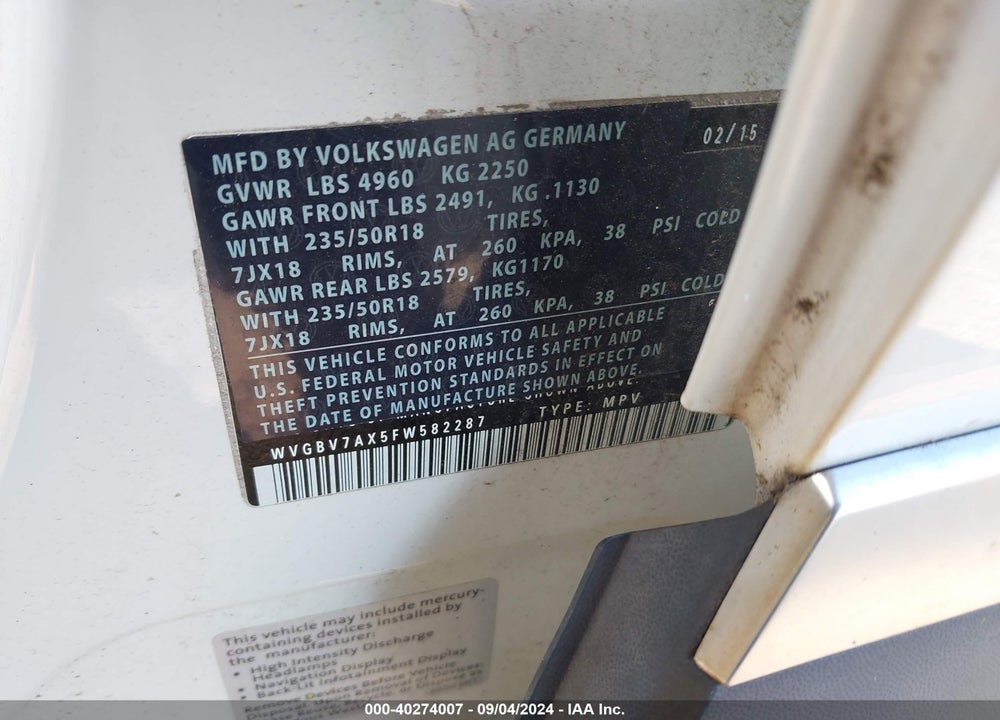2015 VOLKSWAGEN TIGUAN SEL VIN: WVGBV7AX5FW582287