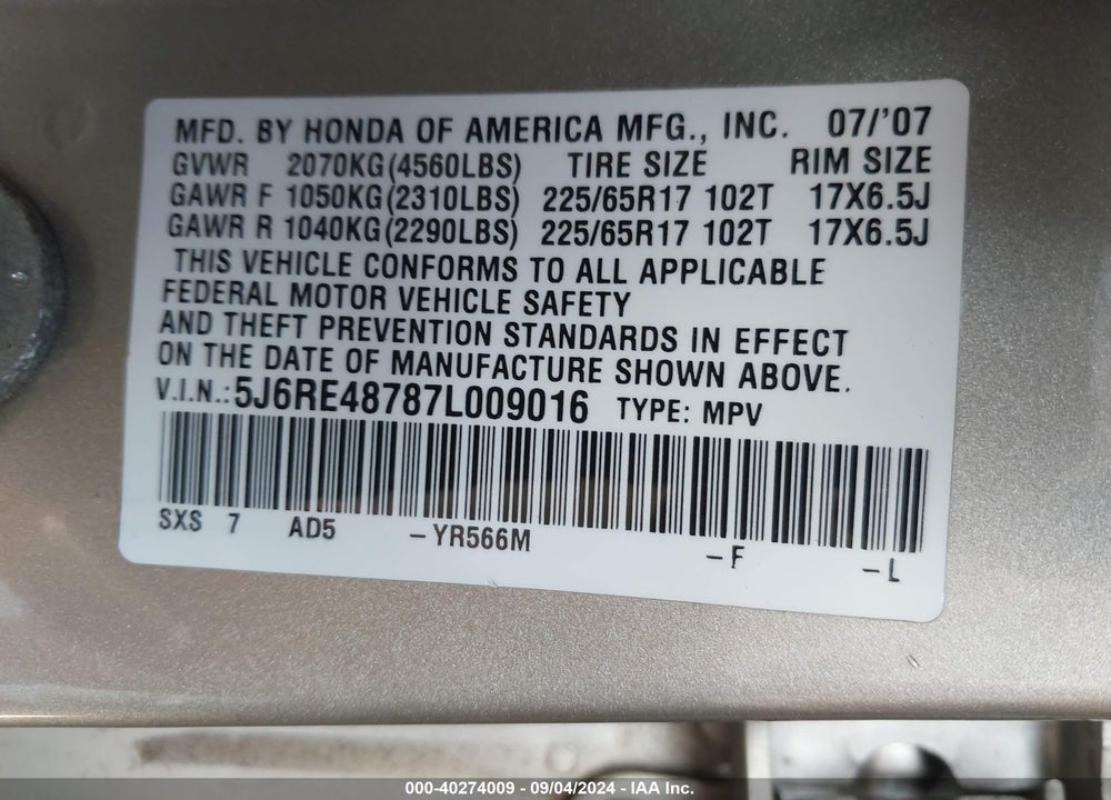2007 HONDA CR-V EX-L VIN: 5J6RE48787L009016