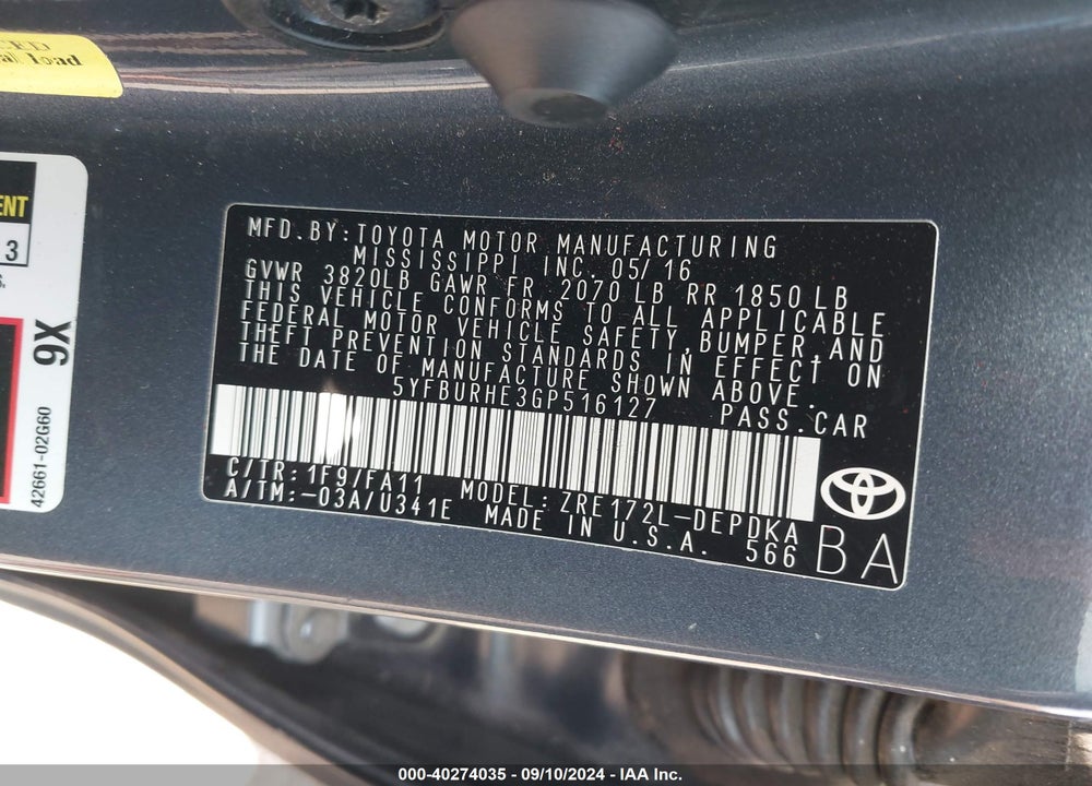 2016 TOYOTA COROLLA L VIN: 5YFBURHE3GP516127