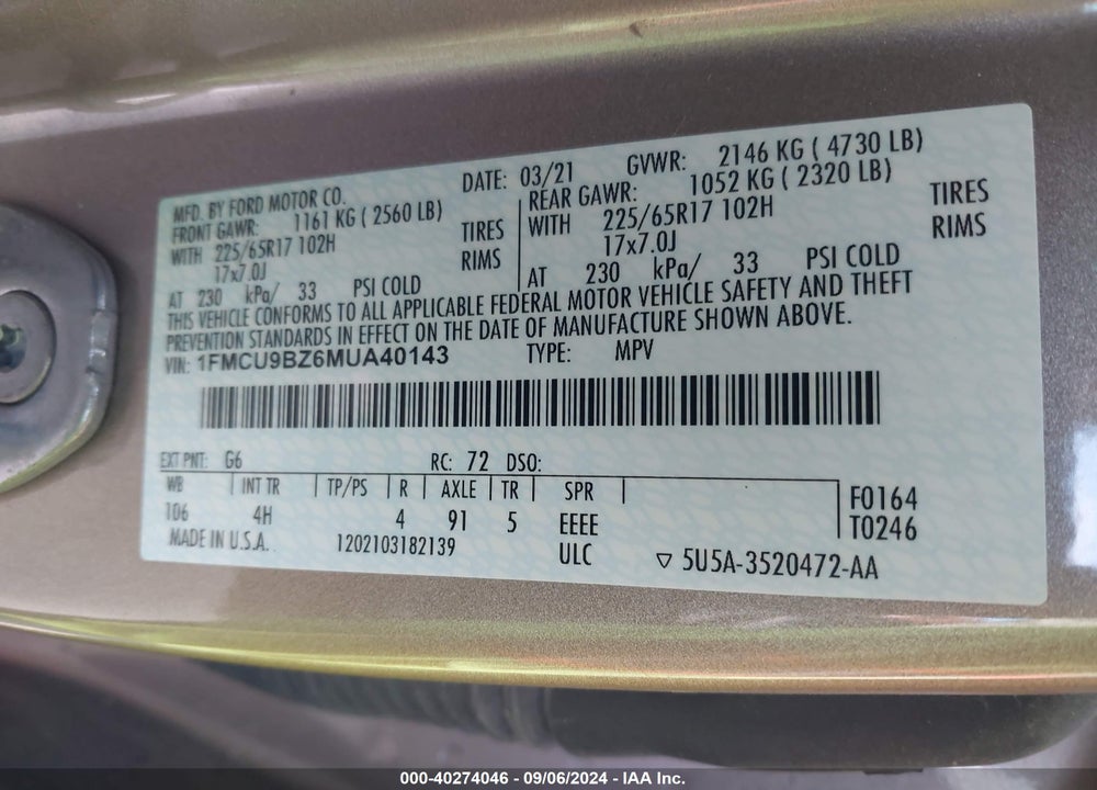 2021 FORD ESCAPE SE HYBRID VIN: 1FMCU9BZ6MUA40143