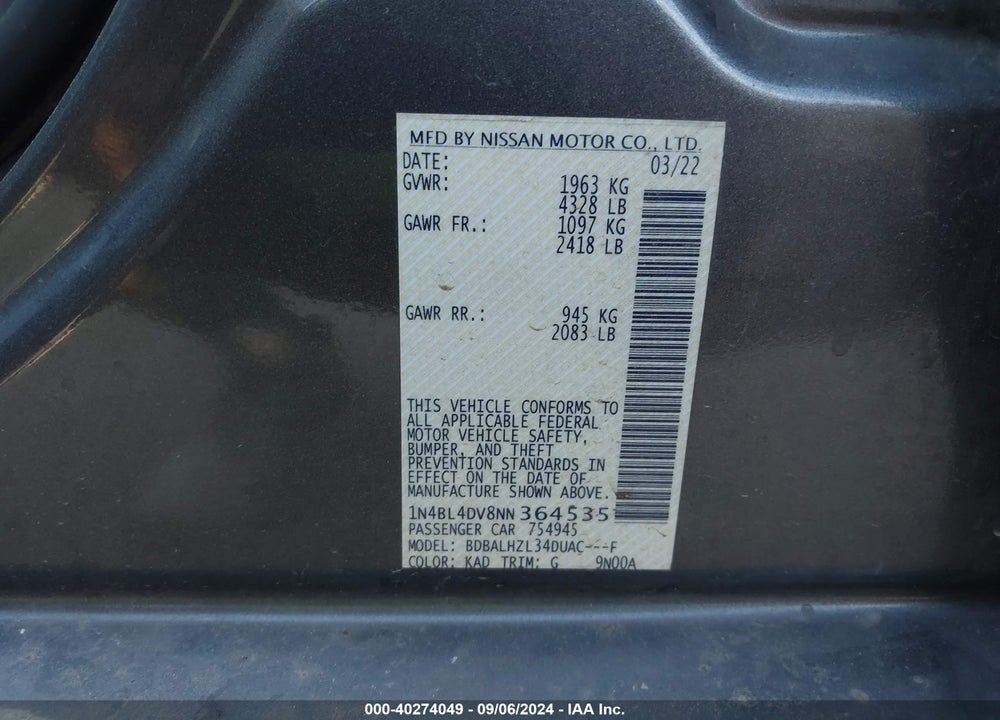 2022 NISSAN ALTIMA SV FWD VIN: 1N4BL4DV8NN364535